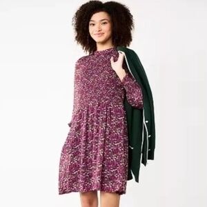 Draper James Ditsy Floral Smocked Bodice chiffon puff long sleeve Size L Plum